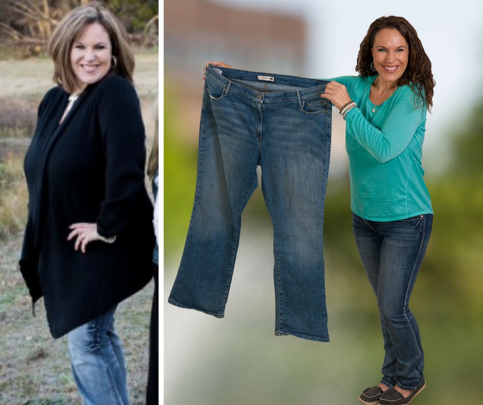 Jennifer Palmer holding up large pair of pants she no longer fits in