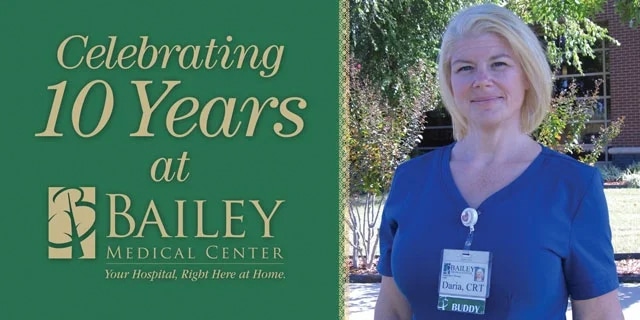 celebrating ten years text next to hospital employee picture